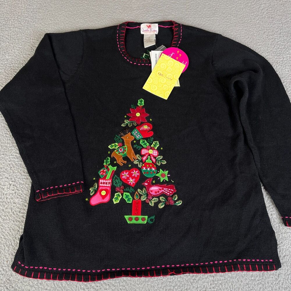 QUACKER FACTORY Light Up Christmas Tree Sweater  Womens XL Black Buttons Sequin